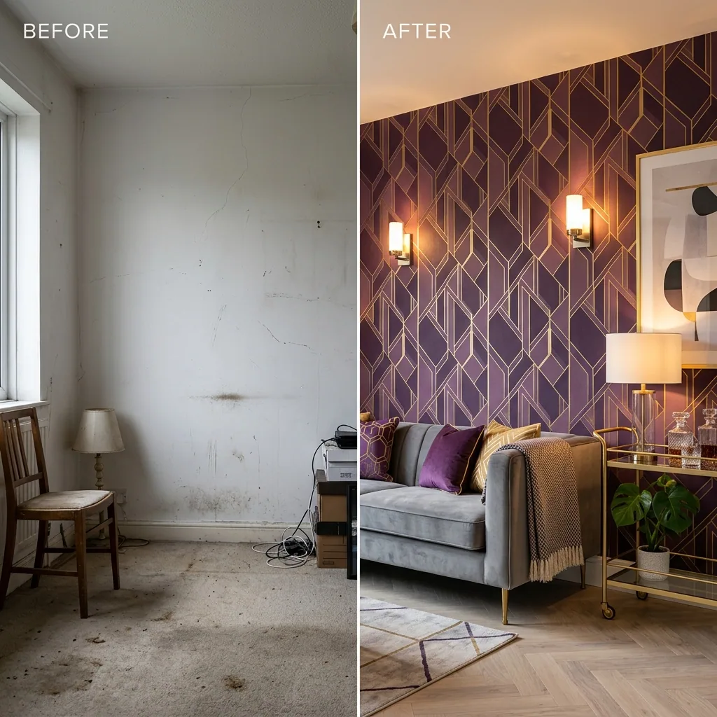 Transformação com papel de parede - sala antes e depois