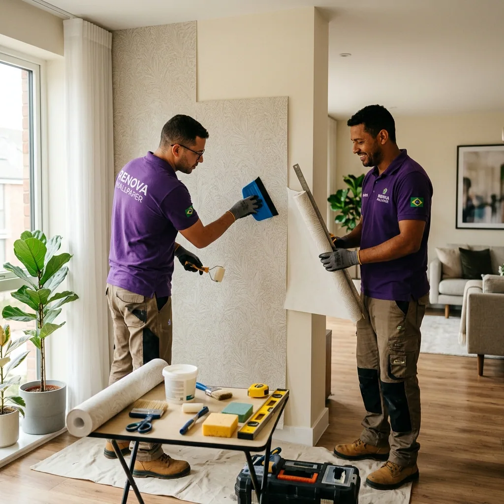 Equipe Estrela realizando instalação profissional de papel de parede